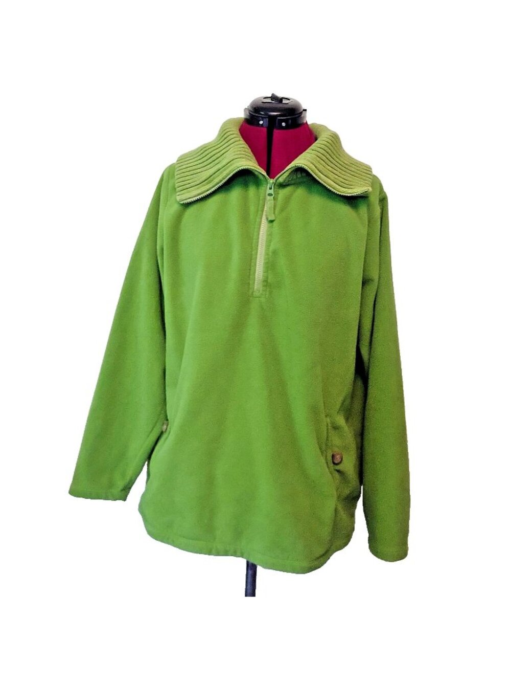 Lands End Fleece Pullover Womens 1X 16W-18W Green 1/4 Zip Knit Collar Sweater